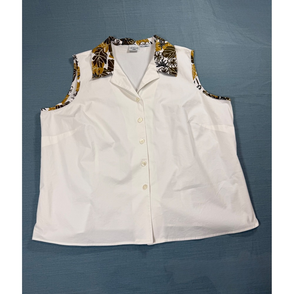 Carolina Colours Plus Womens White Tropical Floral Trim Sleeveless Button Up Top